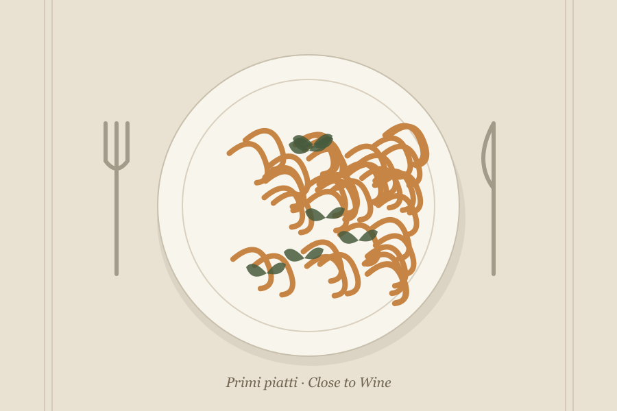 Illustrazione editoriale: Pasta al pesto di basilico e mandorle